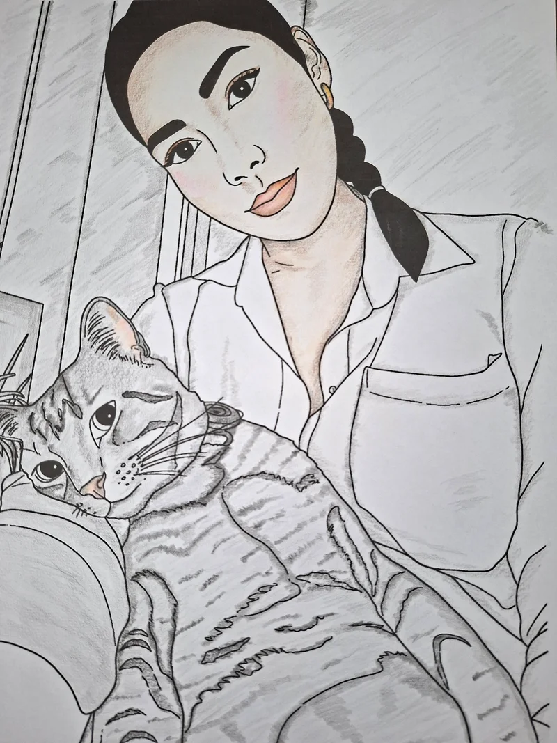 Step 3, Print & Color: Big Boy the cat going from photo to hand-colored coloring page
