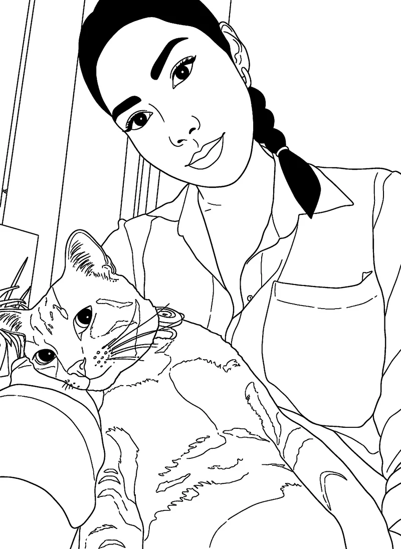 Step 2, We Do the Magic: Big Boy the cat going from photo to hand-colored coloring page