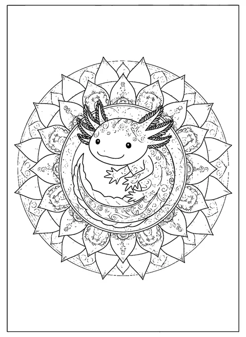 Axolotl coloring page for adults with an axolotl curled at the center of a round mandala of water lilies, lotus petals, and swirls, free printable