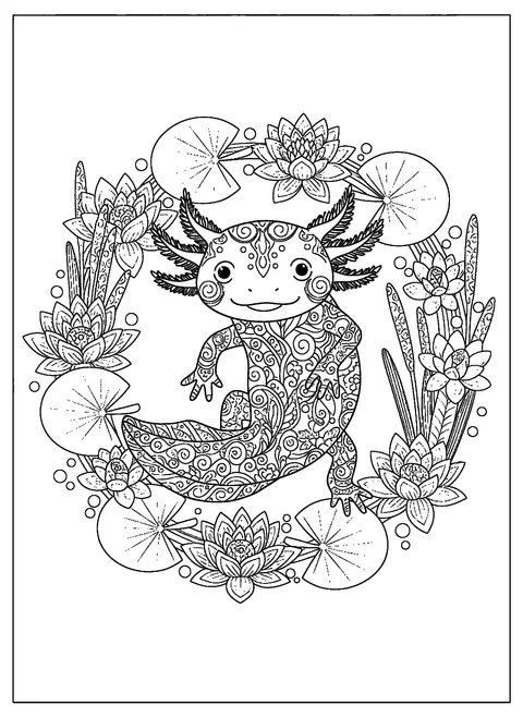 Axolotl coloring page for adults with a detailed patterned axolotl framed by a circular wreath of water lilies, lily pads, and reeds, free printable
