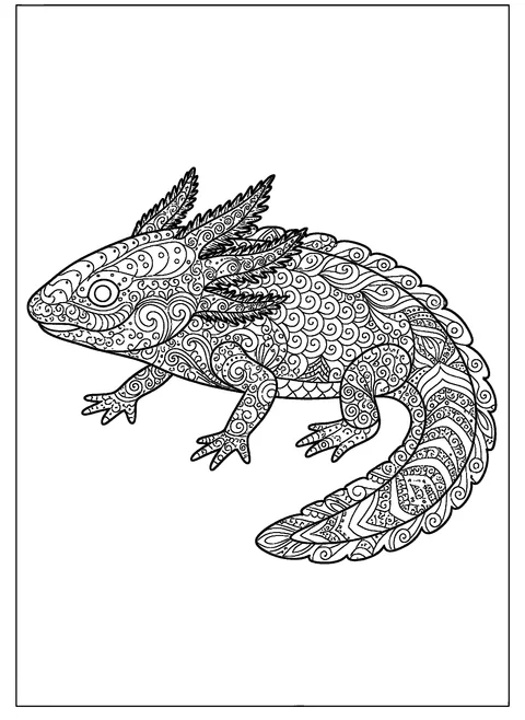 Axolotl coloring page for adults with a large axolotl in profile filled with zentangle patterns, swirls, and dots, patterned gills framing the head, free printable
