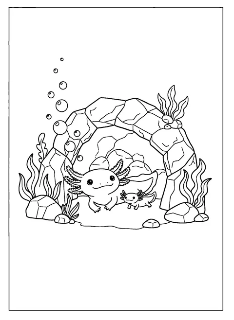 Axolotl coloring page of a parent axolotl and two babies resting at the mouth of a rocky underwater cave with plants and bubbles, free printable