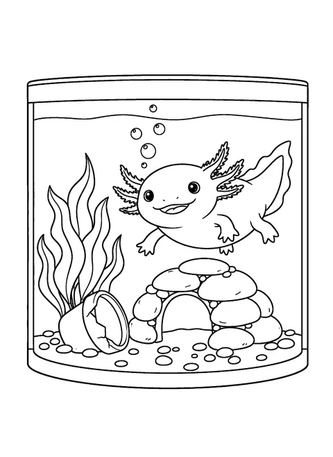 Axolotl coloring page of an axolotl swimming in a home aquarium with a rock cave hide, tall plants, a sunken clay pot, and pebbles, free printable