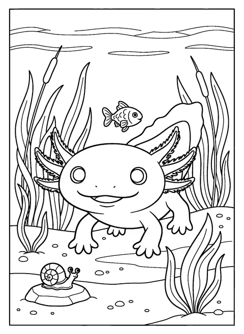 Axolotl coloring page of an axolotl walking along a sandy lake floor among reeds and water plants with a small fish and a snail, free printable