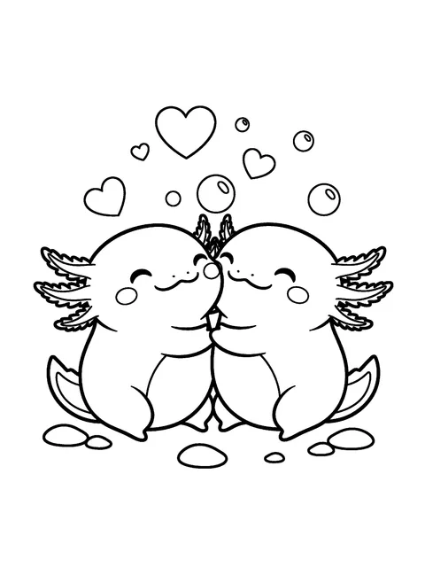 Cute axolotl coloring page of two round axolotls hugging cheek to cheek with hearts and bubbles floating above, free printable