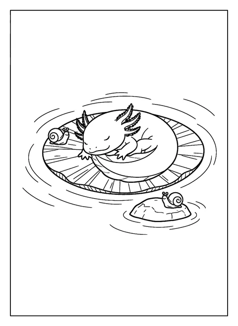 Cute axolotl coloring page of a small axolotl curled up asleep on a lily pad underwater with two tiny snails nearby, free printable