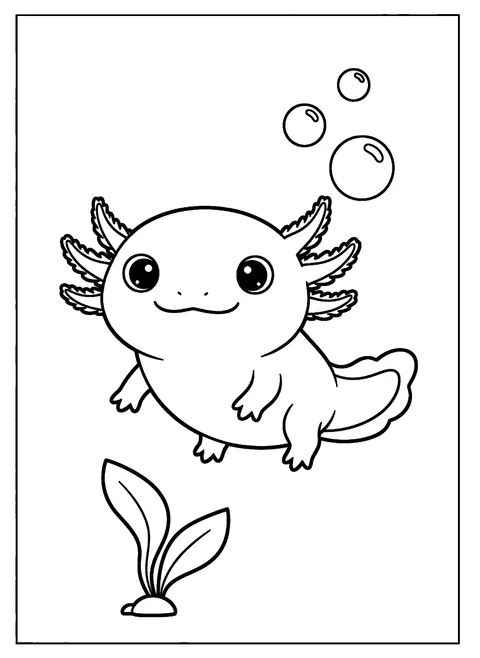 One of 9 free printable axolotl coloring pages: a chubby smiling axolotl with feathery gills floating beside three big bubbles, extra thick outlines for toddlers