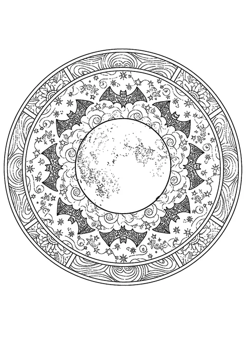 Bat coloring page for adults with a full-moon mandala circled by flying bats and swirling clouds, free printable
