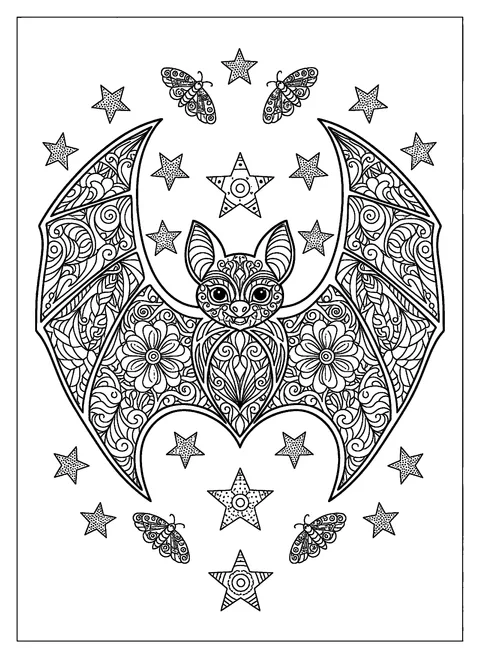 Bat coloring page for adults with a symmetrical bat, intricate wing patterns, stars, and moths, free printable