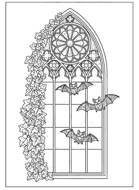 Bat coloring page for adults with bats flying past an ornate cathedral window with ivy, free printable