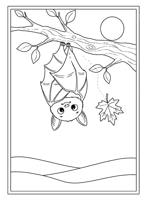 One of 9 free printable bat coloring pages: a baby bat hanging upside down wrapped in its wings like a blanket