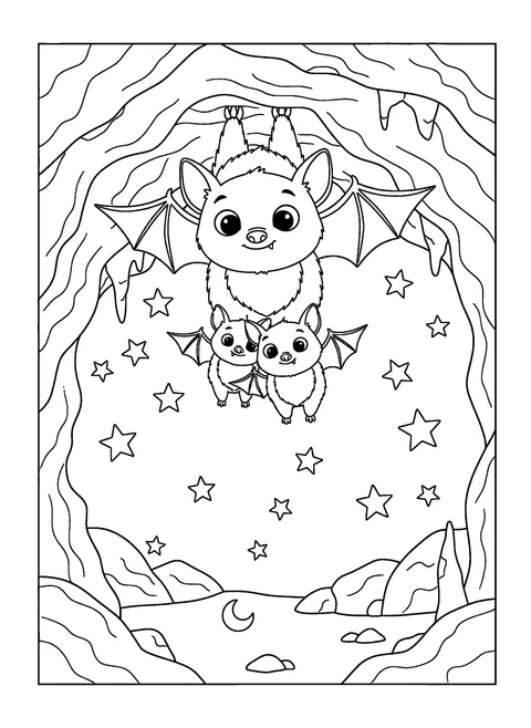 Cute bat coloring page of a bat family hanging together in a cozy cave with stars outside, free printable