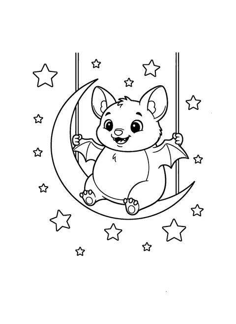 Cute bat coloring page of a round bat sitting on a crescent moon like a swing, free printable