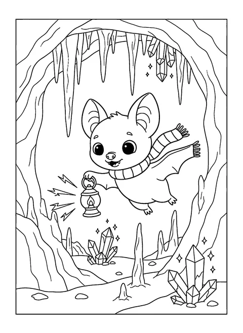 Bat coloring page for kids of a bat with a scarf and lantern flying through a crystal cave, free printable