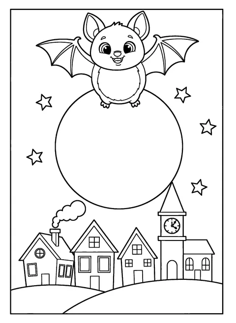 Bat coloring page for kids of a friendly bat flying over houses with a clock tower and full moon, free printable