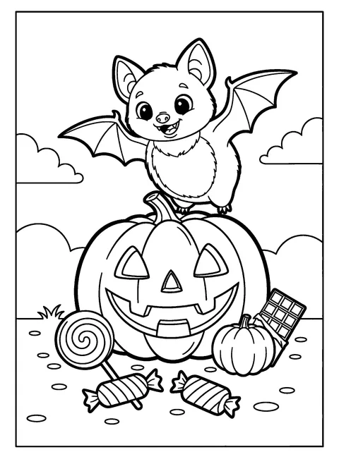 Bat coloring page for kids of a smiling bat landing on a carved jack-o'-lantern with candy below, free printable
