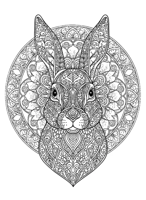 Bunny coloring page for adults with an ornate rabbit portrait in front of a circular floral mandala, intricate patterns in the fur, free printable