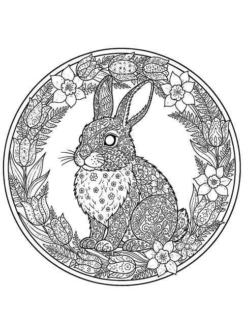 Bunny coloring page for adults with a detailed rabbit framed by a wreath of tulips, daffodils, ferns, and clover, free printable