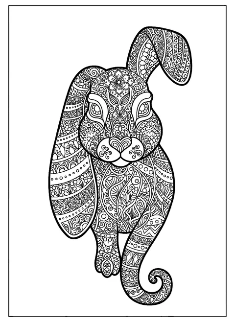 Bunny coloring page for adults with a large rabbit head portrait filled with zentangle patterns, swirls, and florals in the ears, free printable