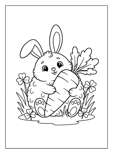 Cute bunny coloring page of a round fluffy rabbit hugging a carrot almost as big as itself in a patch of grass and clover, free printable