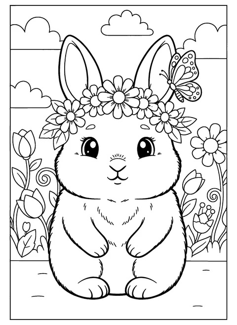 Cute bunny coloring page of a small rabbit wearing a daisy and tulip flower crown with a butterfly resting on one ear, free printable