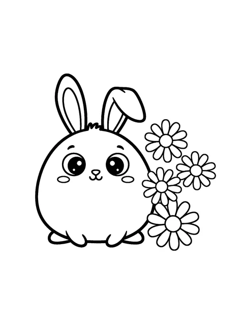 One of 9 free printable bunny coloring pages: a chubby baby bunny sitting in a loaf shape beside three big daisies, extra thick outlines for toddlers