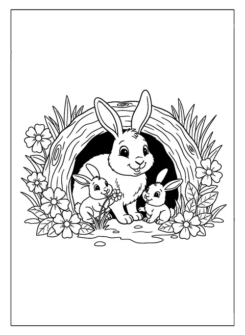 Realistic bunny coloring page of a mother rabbit and two baby bunnies at the mouth of a burrow under a tree root, free printable