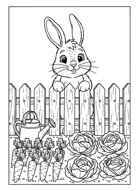Realistic bunny coloring page of a rabbit standing on its hind legs peeking over a picket fence at rows of carrots and lettuce, free printable