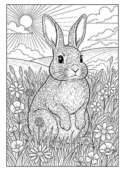 Realistic bunny coloring page of a rabbit sitting alert with ears up in a meadow of tall grasses and wildflowers, free printable