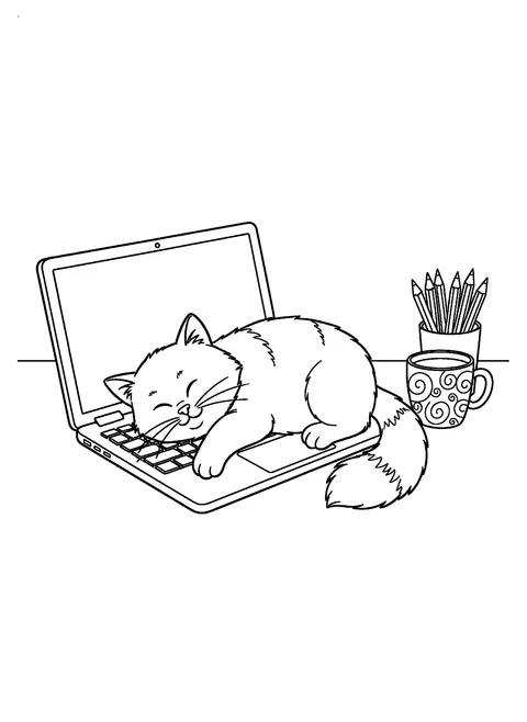 Cute cat coloring page of a cat asleep on an open laptop keyboard next to a coffee mug, free printable