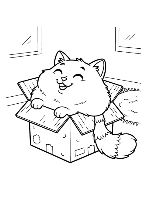 Cute cat coloring page of a chubby cat squeezed into a cardboard box that is too small, free printable