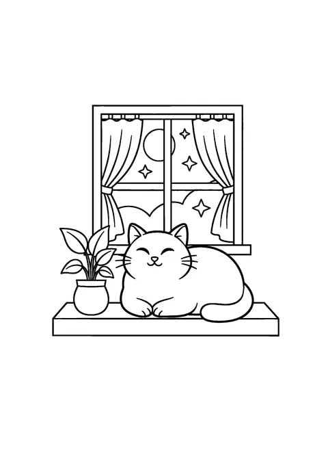 Free printable coloring page of a round cat in a loaf pose on a windowsill, a gentle page for kids to color