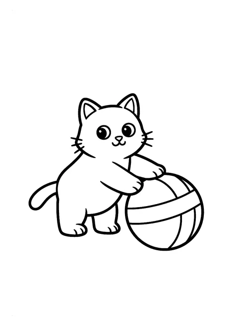 Easy cat coloring page for toddlers of a simple cat reaching a paw toward a big striped ball