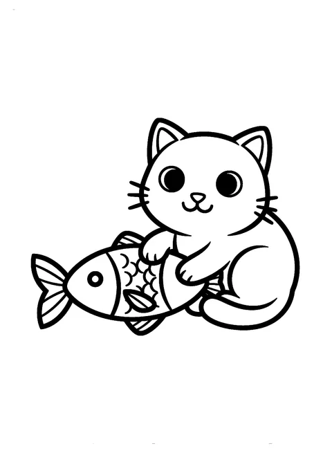 Easy cat coloring page for toddlers of a simple cat cuddling a big fish toy