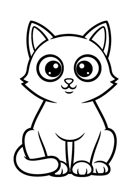 Easy cat coloring page for toddlers of a simple sitting cat with big round eyes and thick outlines