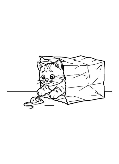 Kitten coloring page of a striped kitten peeking out of a paper bag at a toy mouse, free printable