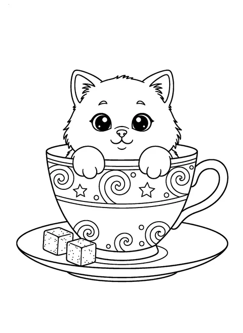 Kitten coloring page of a small kitten peeking over the rim of a teacup on a saucer with two sugar cubes, free printable