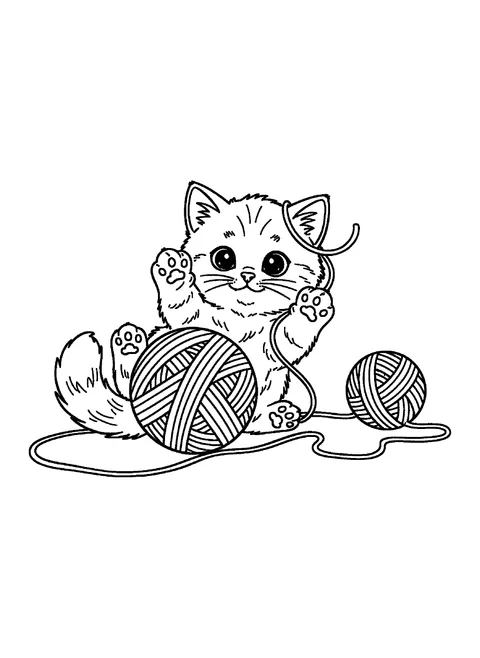 One of 9 free printable cat coloring pages: a fluffy kitten playing with two balls of yarn
