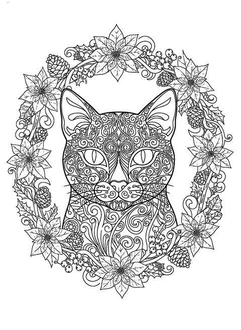 Christmas cat coloring page for adults of a detailed cat portrait framed by a wreath of poinsettias, holly, and pinecones, free printable