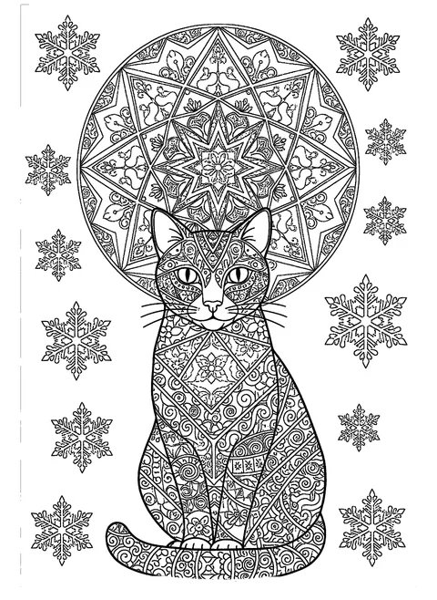 Christmas cat coloring page for adults of a patterned cat sitting in front of a giant snowflake mandala, free printable