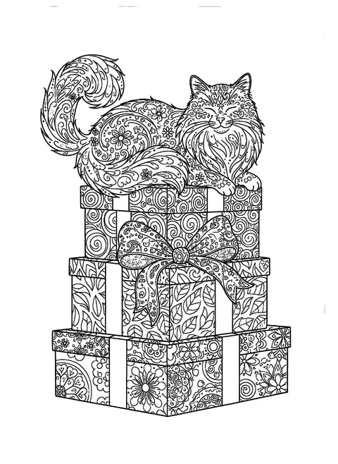 Christmas cat coloring page for adults of a long-haired cat lounging on a stack of intricately patterned presents, free printable