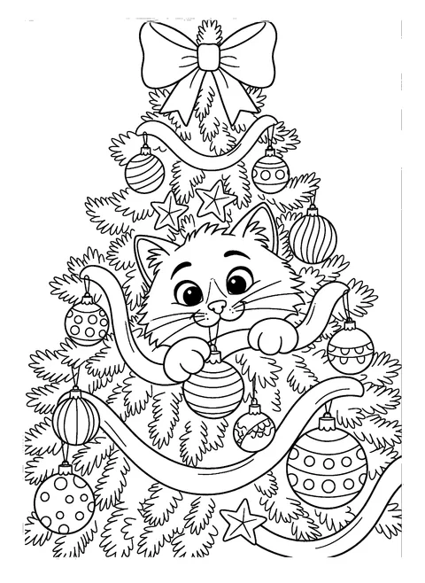Christmas cat coloring page of a mischievous cat peeking out from the middle of a decorated Christmas tree, free printable
