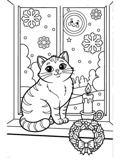 Christmas cat coloring page of a cat on a windowsill watching snow fall beside a candle and a small wreath, free printable