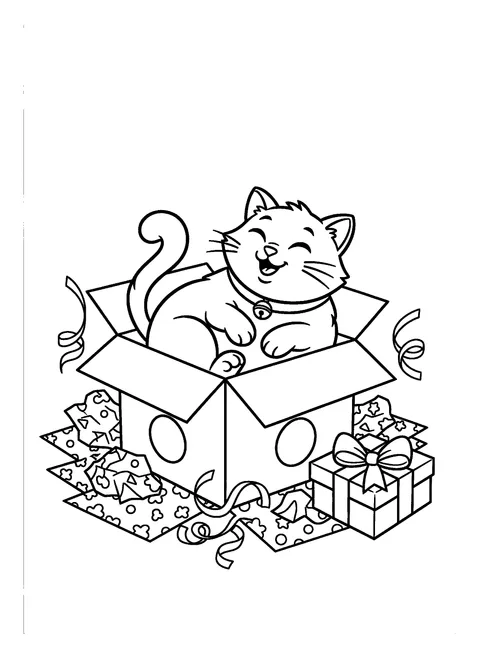 Christmas cat coloring page of a cat sitting in an empty gift box surrounded by wrapping paper and ribbon, free printable