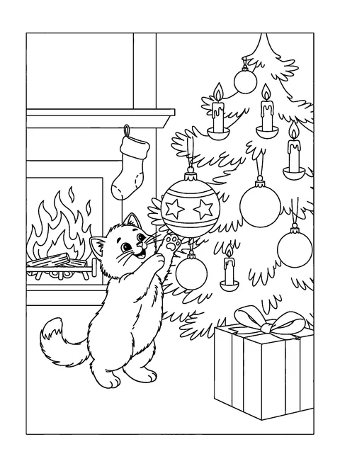 One of 9 free printable Christmas cat coloring pages: a playful kitten batting at an ornament on a Christmas tree