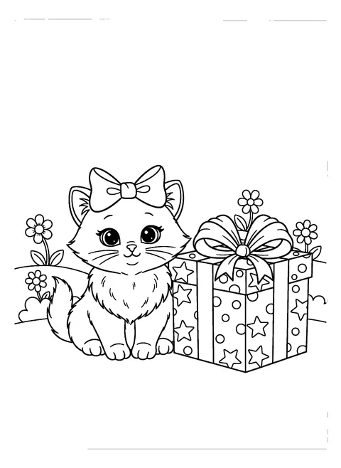 Christmas kitten coloring page of a cute kitten wearing a big ribbon bow beside a wrapped gift, free printable