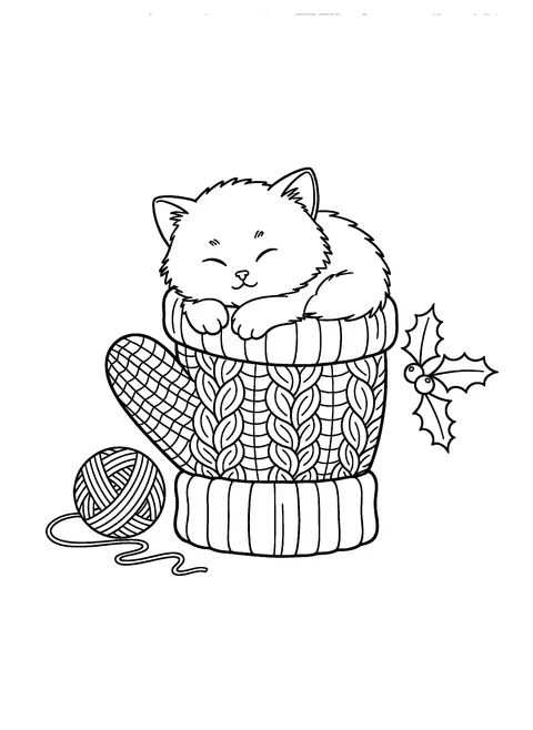 Christmas kitten coloring page of a tiny kitten asleep inside a knitted mitten with a ball of yarn and holly, free printable