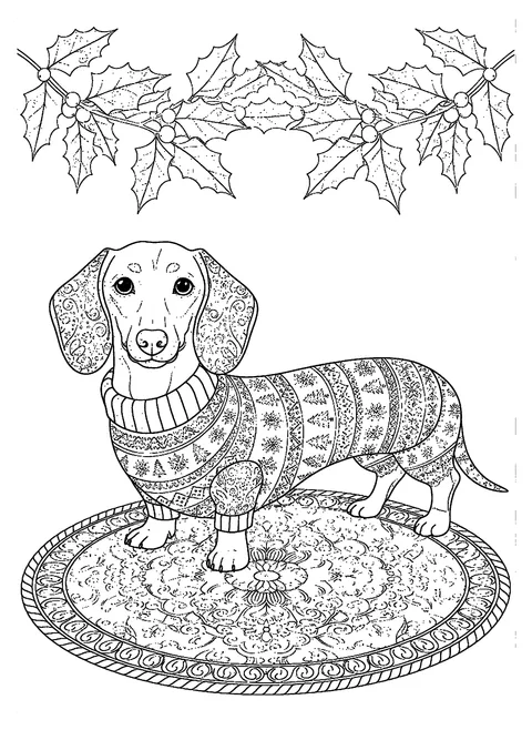 Christmas dog coloring page for adults of a dachshund in a holiday sweater covered in fair-isle snowflake patterns, free printable