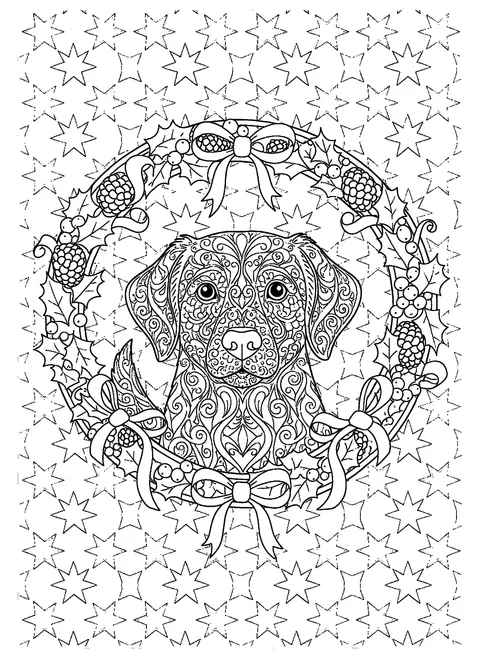 Christmas dog coloring page for adults of a detailed dog portrait framed by a wreath of holly, berries, and pinecones, free printable
