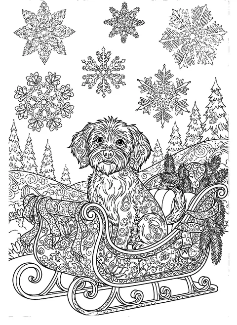 Christmas dog coloring page for adults of a dog sitting in an ornate vintage sleigh with pine boughs and scrollwork, free printable